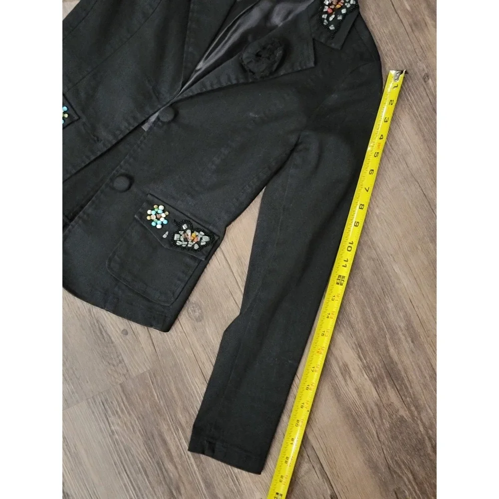 Zoompy Vintage Black Embellished Blazer Jacket Small Floral‎ Beaded Rosette